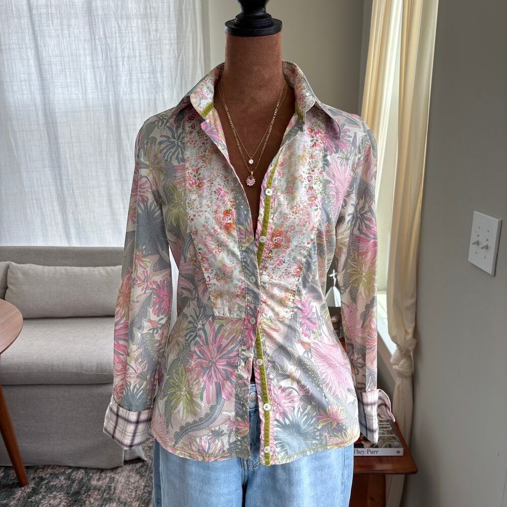 Georg Roth Women's Patchwork Floral Button Down 100% Cotton Plaid Flip Cuff XS